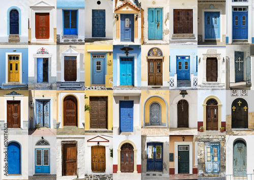 Collage of 36 colourful front doors from Karpathos.