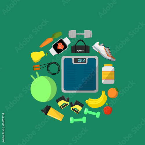 Fitness and healthy lifestyle banner, vector illustration in flat style. Different athletic equipments and nutrition supplements around blue weigher on green background. Workout concept