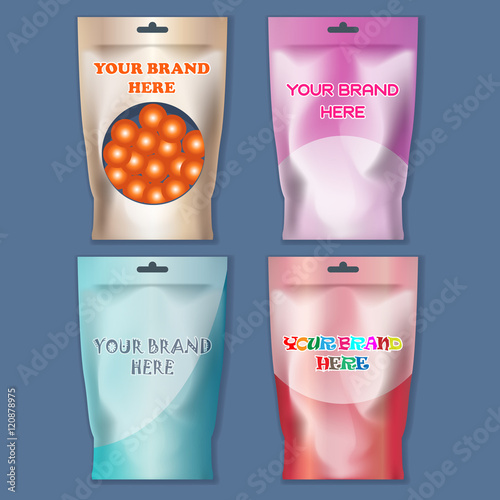 Vector set of colored polyethylene pack for candy and sweets mockup ready for your design