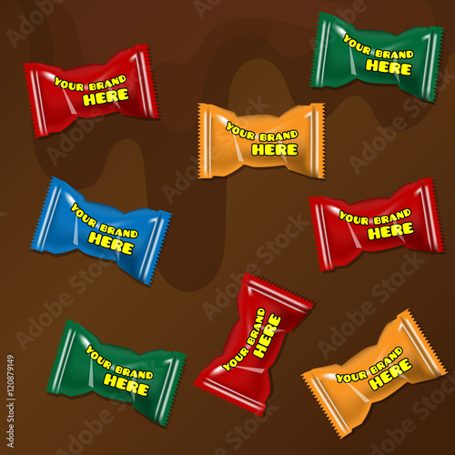Vector set of colored polyethylene pack for candy and sweets mockup ready for your design