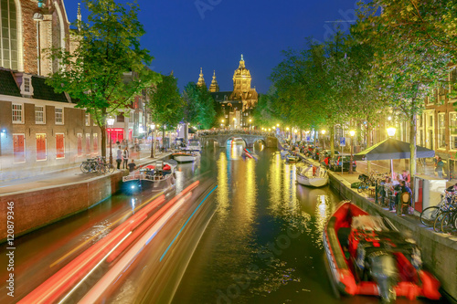 Amsterdam. Night view of the houses along the canal.