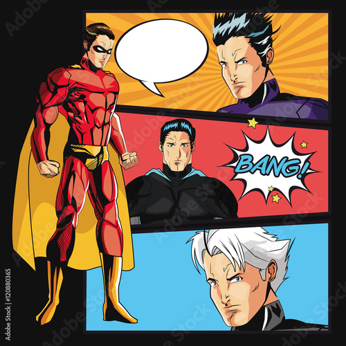 Superhero man cartoon with uniform icon. Costume and hero theme. Colorful design. Comic background. Vector illustration