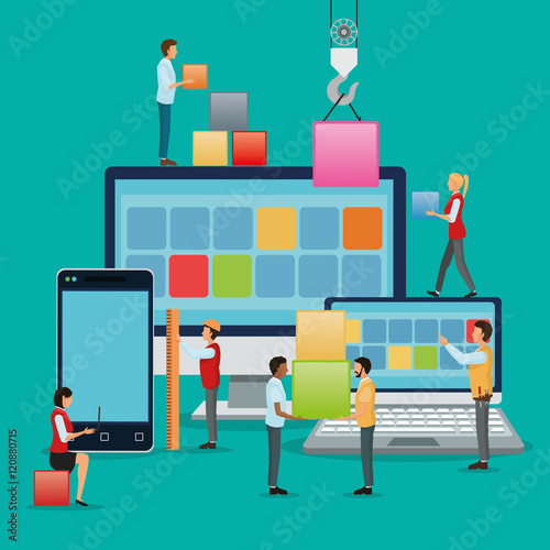 Avatar people with blocks and computer icon. Industry app and construction theme. Colorful design. Vector illustration