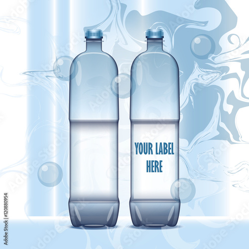 Vector set of transparent plastic blue liquid bottle with caps for mineral water mockup ready for your design