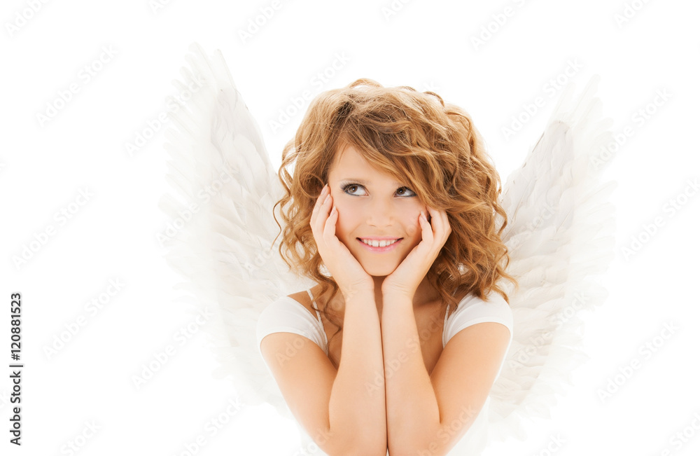 happy young woman or teen girl with angel wings happy young woman or teen girl with angel wings