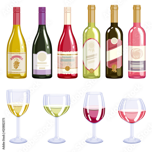 Wine bottles and glasses icons set.