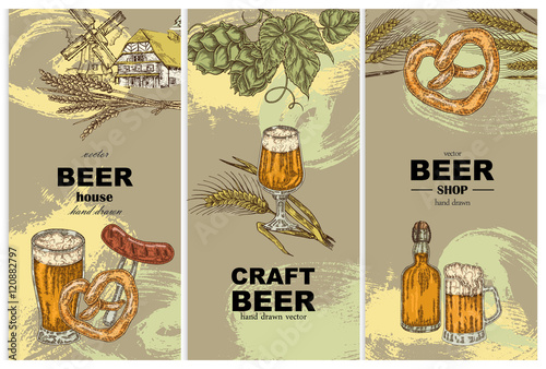 Vertical banners with beer glasses, bottle, old windmill, barley