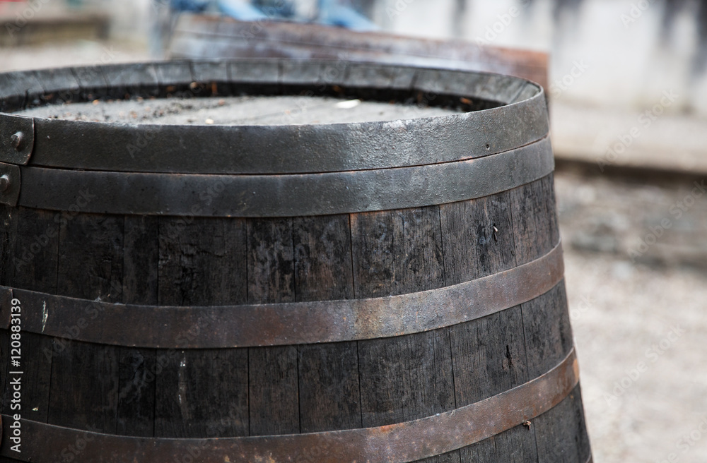 close up of old wooden barrel outdoors close up of old wooden barrel outdoors