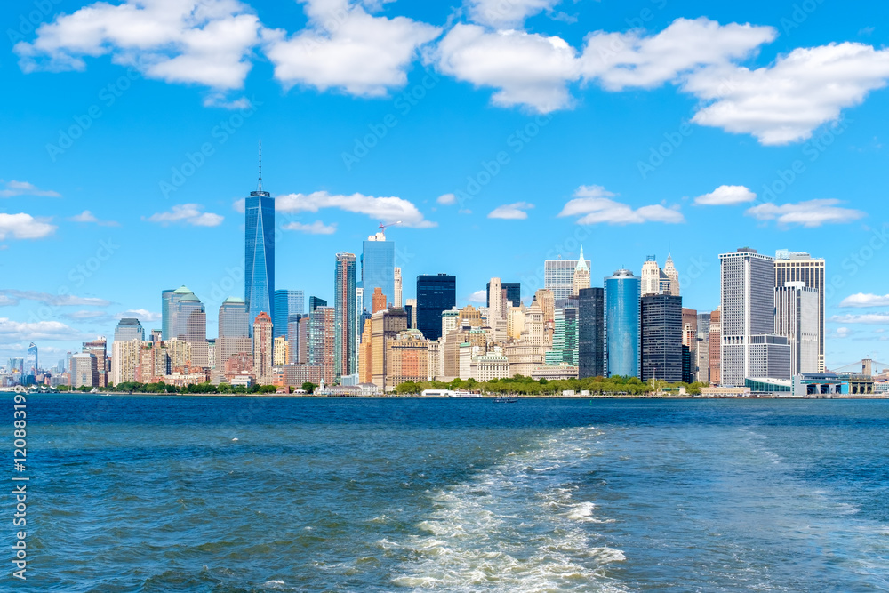 The skyline of downtown Manhattan on a sunny summer day