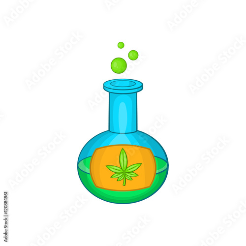 Chemical test tube with marijuana leaf icon in cartoon style isolated on white background vector illustration