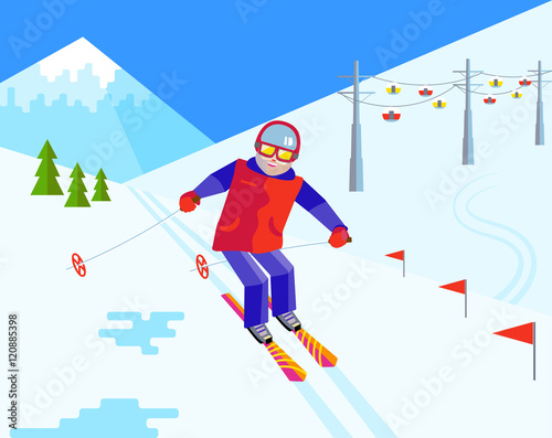 Bearded man skier in helmet and goggles having fun in the snow at the ski resort. Flat vector Cheerful man skiing. Flat vector funny man resting on top of the mountain