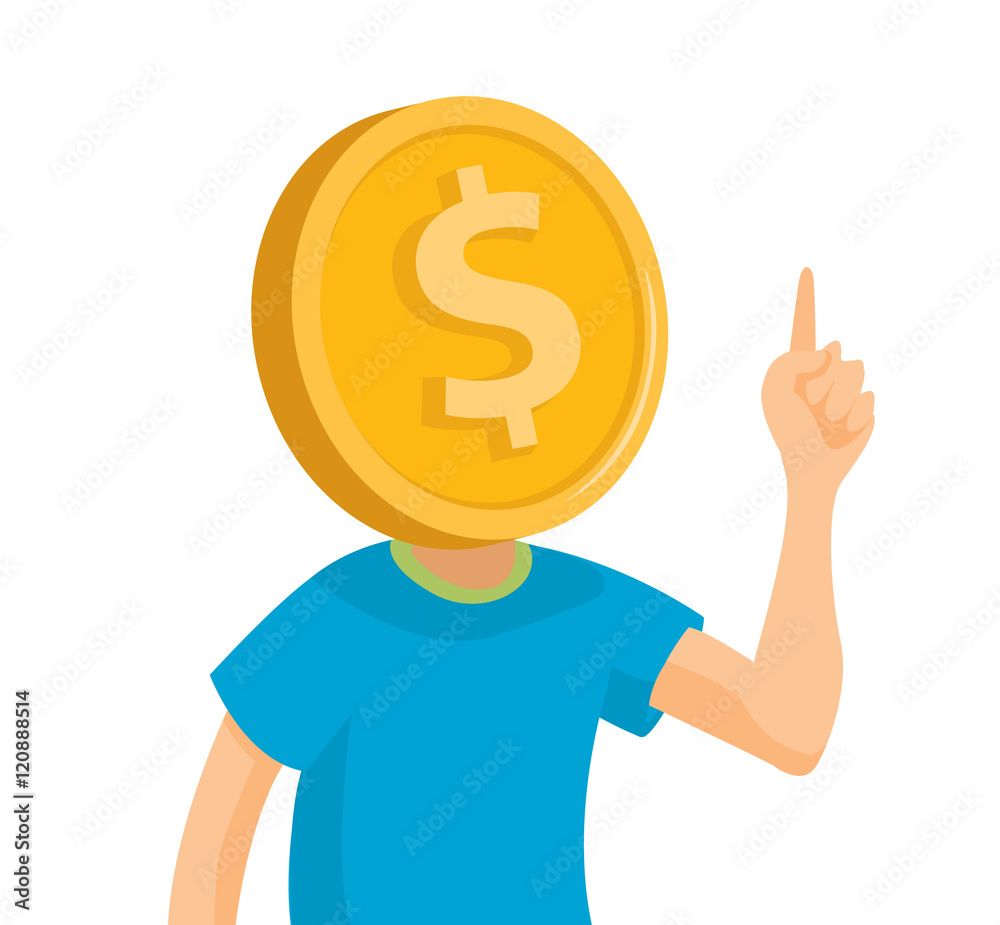 Man obsessed about money with coin head Man obsessed about money with coin head