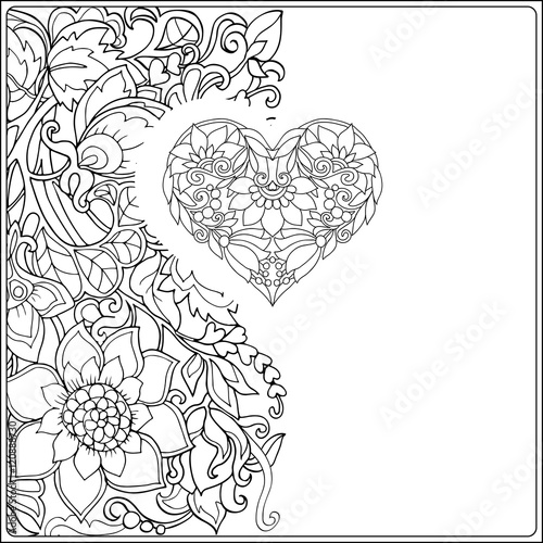 Hand drawn floral decorative love Heart on floral pattern background.  Adult coloring book. photo