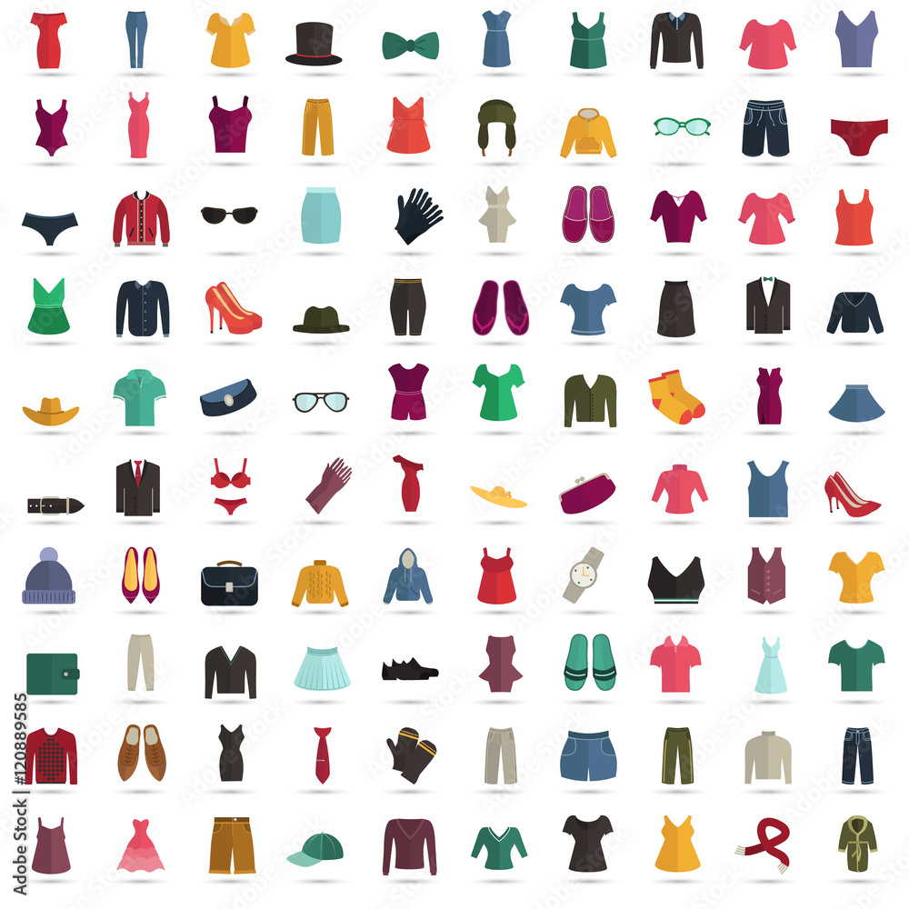 Set of one hundred color flat clothes icons for web and mobile design Set of one hundred color flat clothes icons for web and mobile design