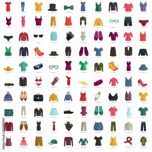 Set of one hundred color flat clothes icons for web and mobile design