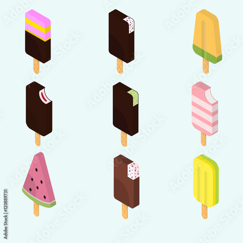 Set of isometric different kinds of ice cream on background. Modern isometric concept