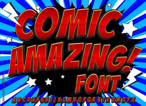 Comic alphabet set. Letters, numbers and figures for kids' illustrations, websites, comics, banners
