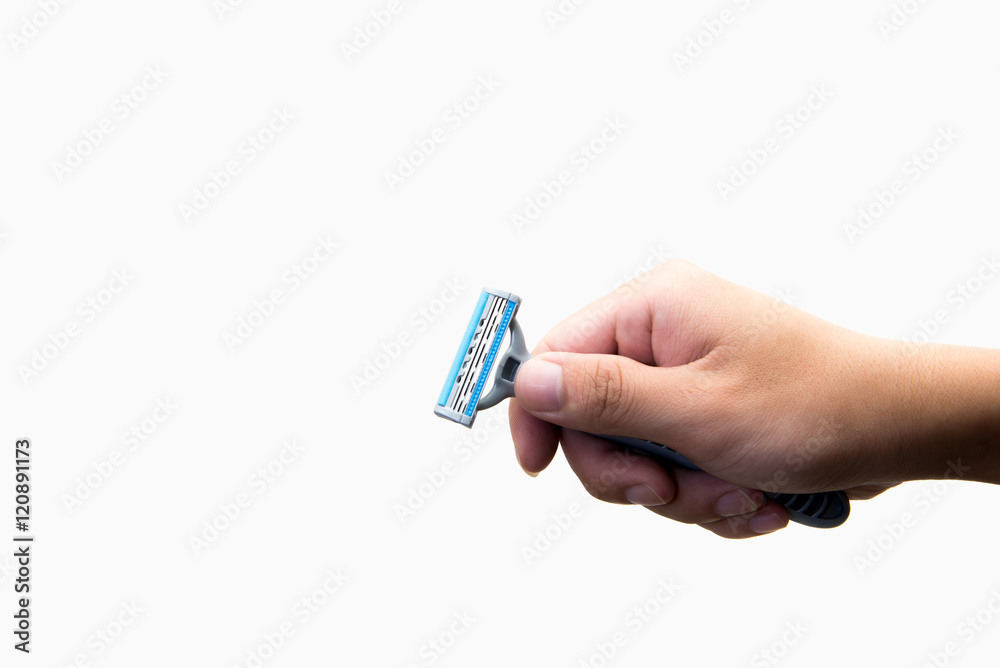 Hand with shaving razor on a white background