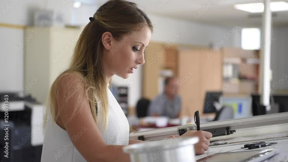 Student girl in engineering training, design office