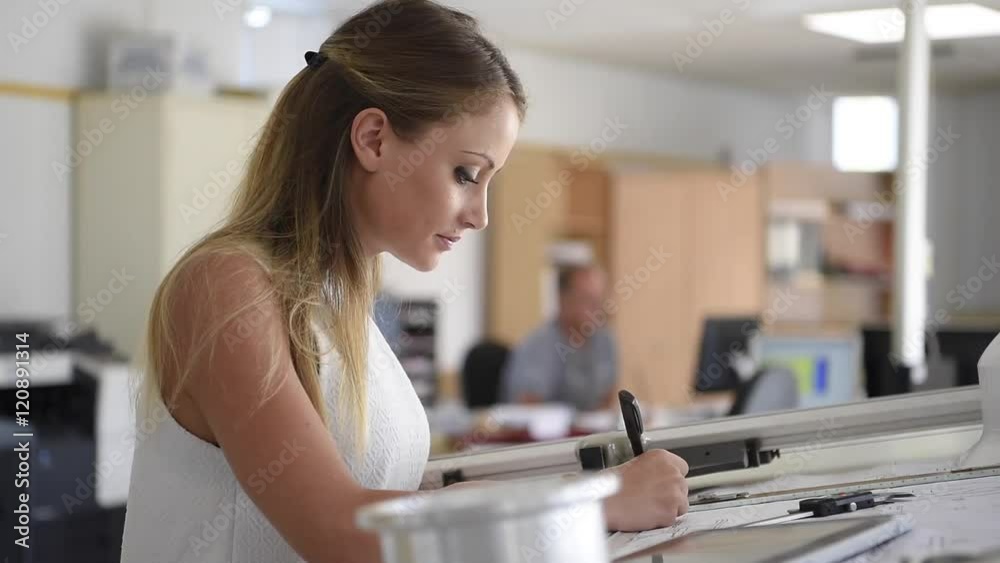 Student girl in engineering training, design office