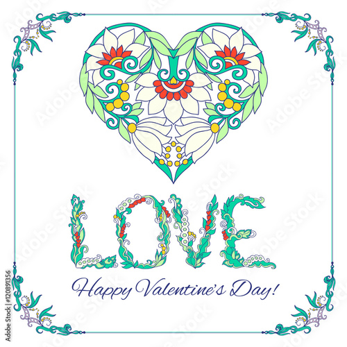 Greeting card with decorative  Love Heart in floral frame. photo