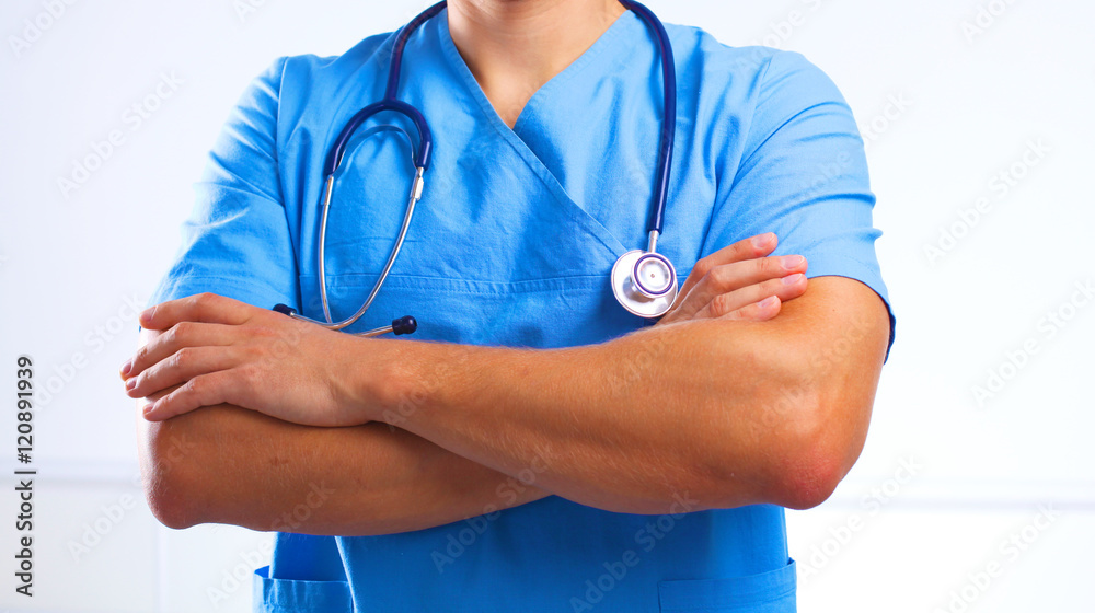 Young surgeon holding a scalpel. Ready for operation