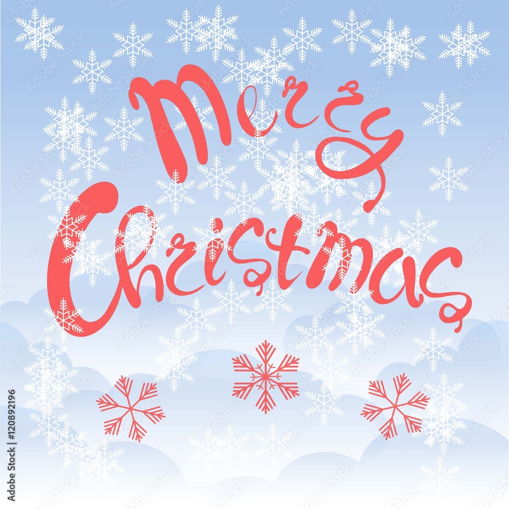 Red lettering Merry Christmas on blue sky background, white cloud, snow-flakes, vector illustration