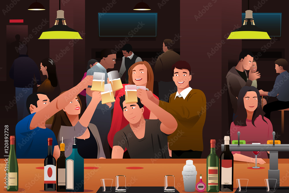 Young people having fun in a bar - obrazy, fototapety, plakaty 