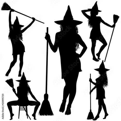 Halloween witch with broomstick silhouettes.