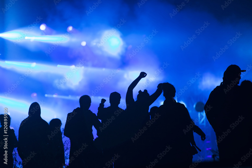 Cheering crowd in front of stage lights