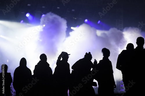 Cheering crowd in front of stage lights