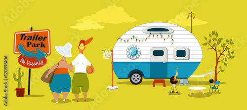 Middle age couple standing near the sign at the trailer park, looking at the vintage camper, EPS 8 vector illustration, no transparencies