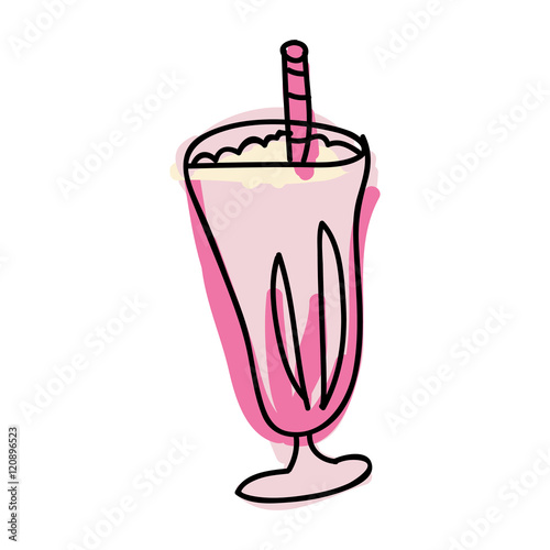 strawberry milkshake on glass cup with wafer roll. drawn design vector illustration