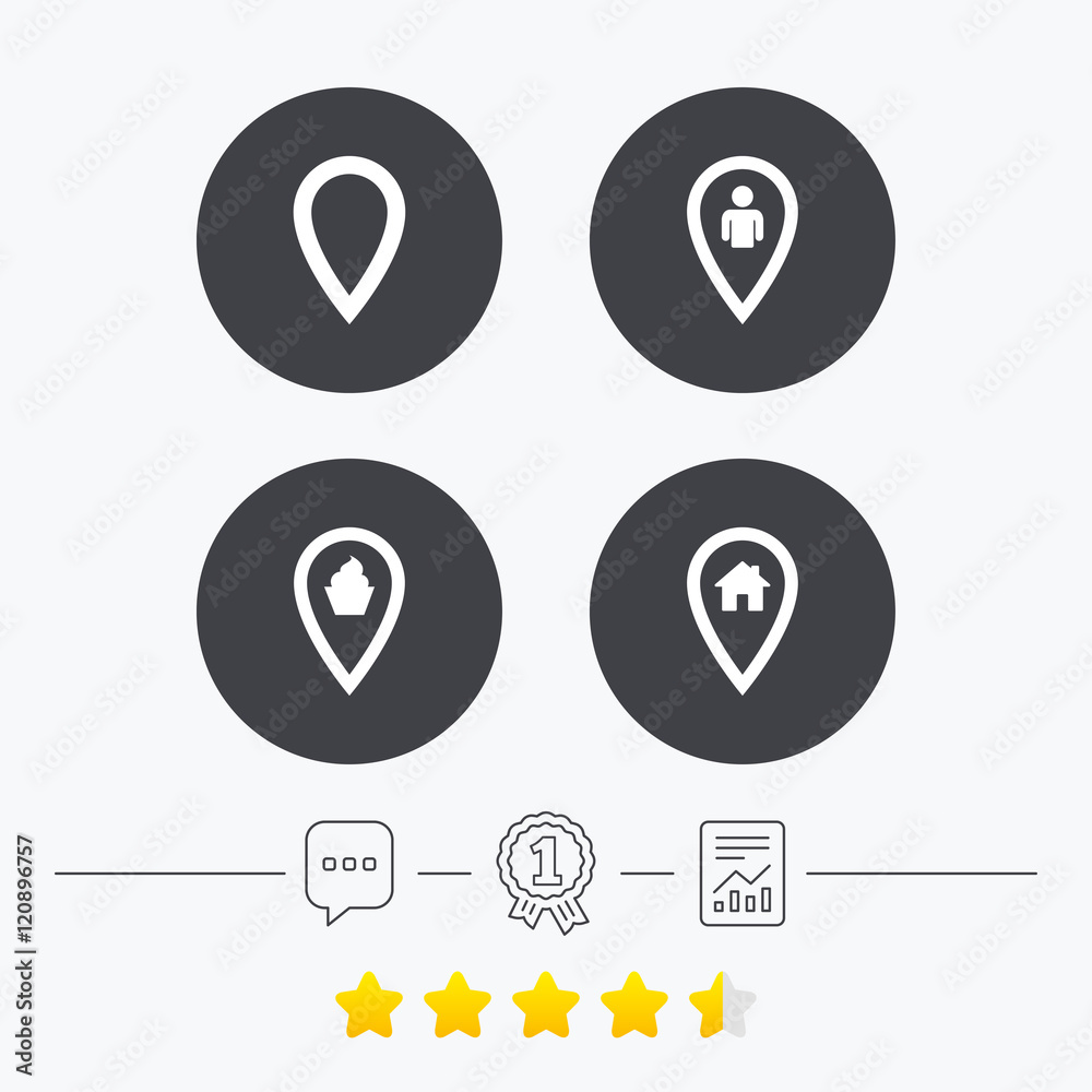 Map pointer icons. Home, food and user location. Map pointer icons. Home, food and user location.