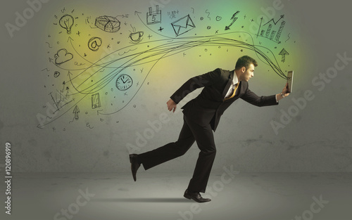 Business man in a rush with doodle media icons © ra2 studio