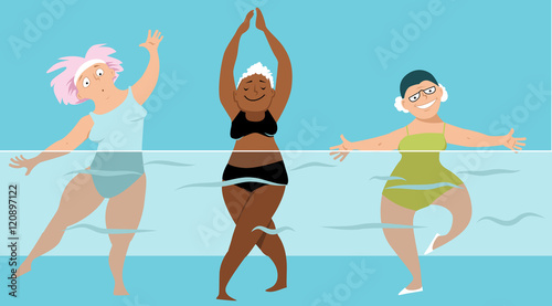 Three mature ladies doing water aerobics exercises in the pool, EPS 8 vector illustration, no transparencies
