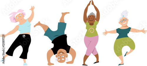 Senior people doing yoga, EPS 8 vector cartoon characters, isolated on white photo