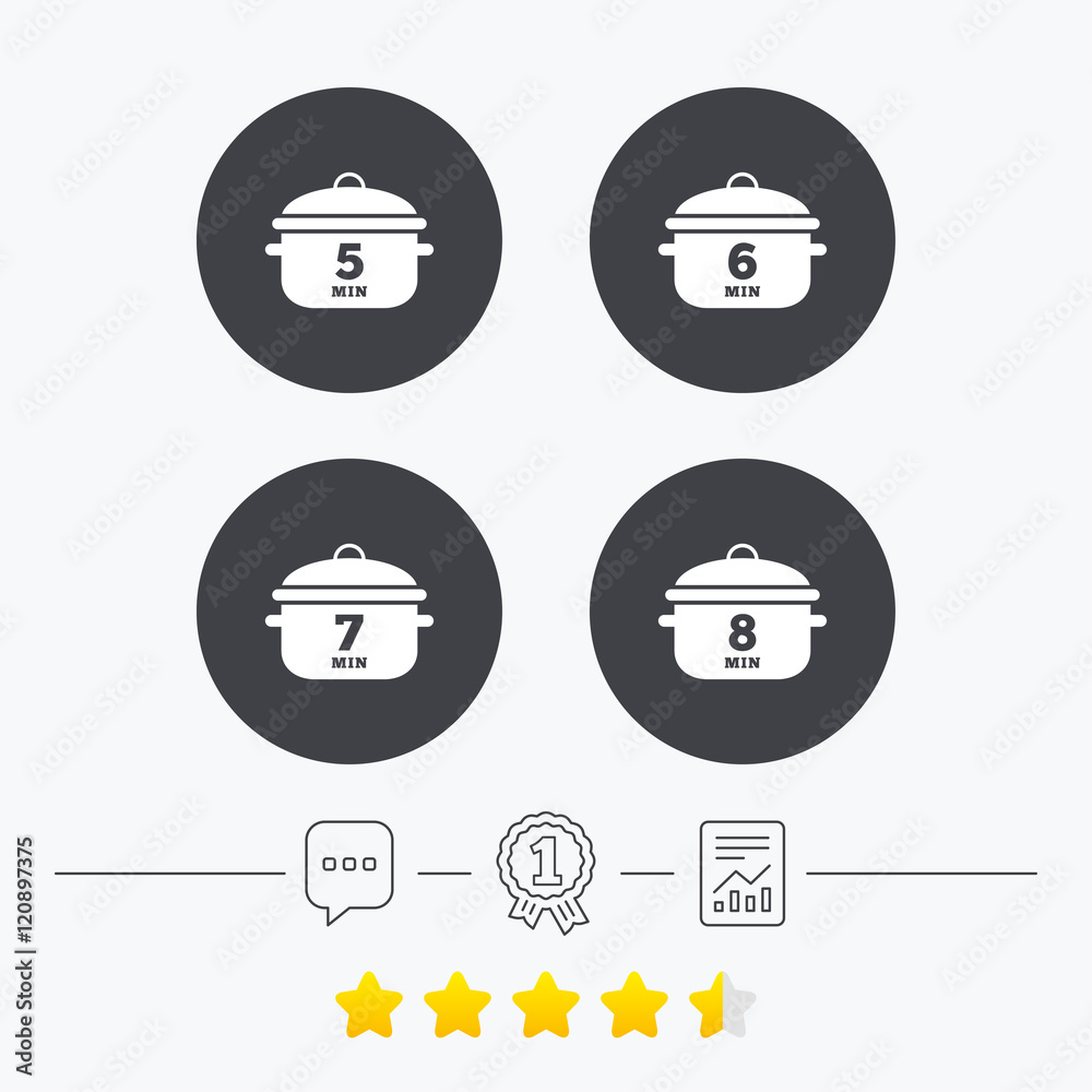 Cooking pan icons. Boil five, eight minutes. Cooking pan icons. Boil five, eight minutes.