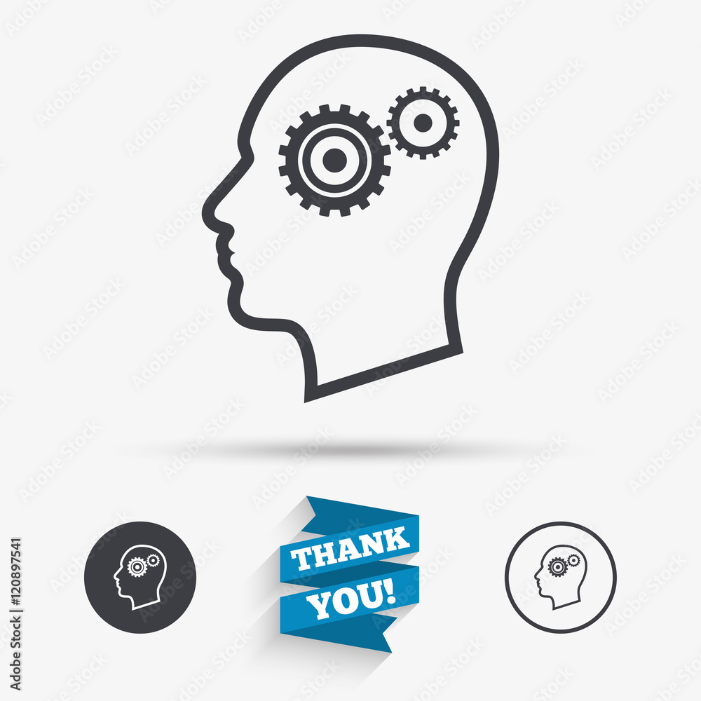 Head with gears sign icon. Male human head. Head with gears sign icon. Male human head.