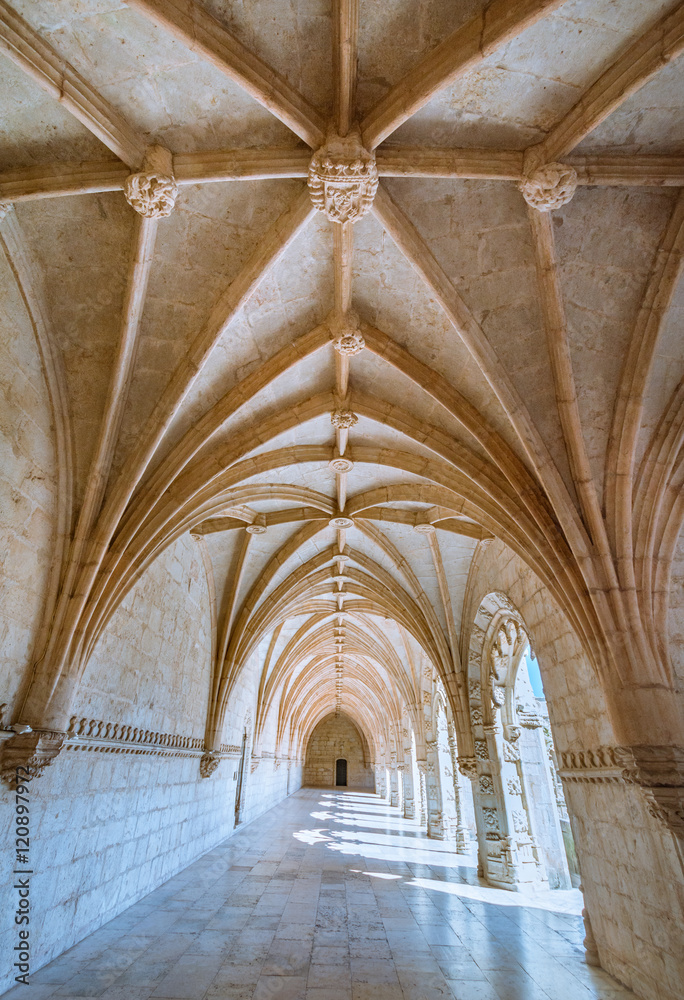 Cloister view of the Jeronimos Monastery in Lisbon, Portugal