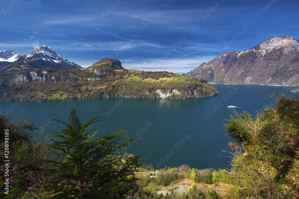 eautifula panorama of Lake Lucerne, Seelisberg, town Brunnen and village Bauen from Morschach, Switzerland