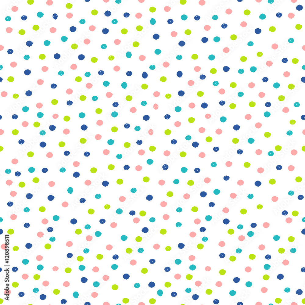 Abstract seamless pattern with dots in pastel pink, blue and green.

