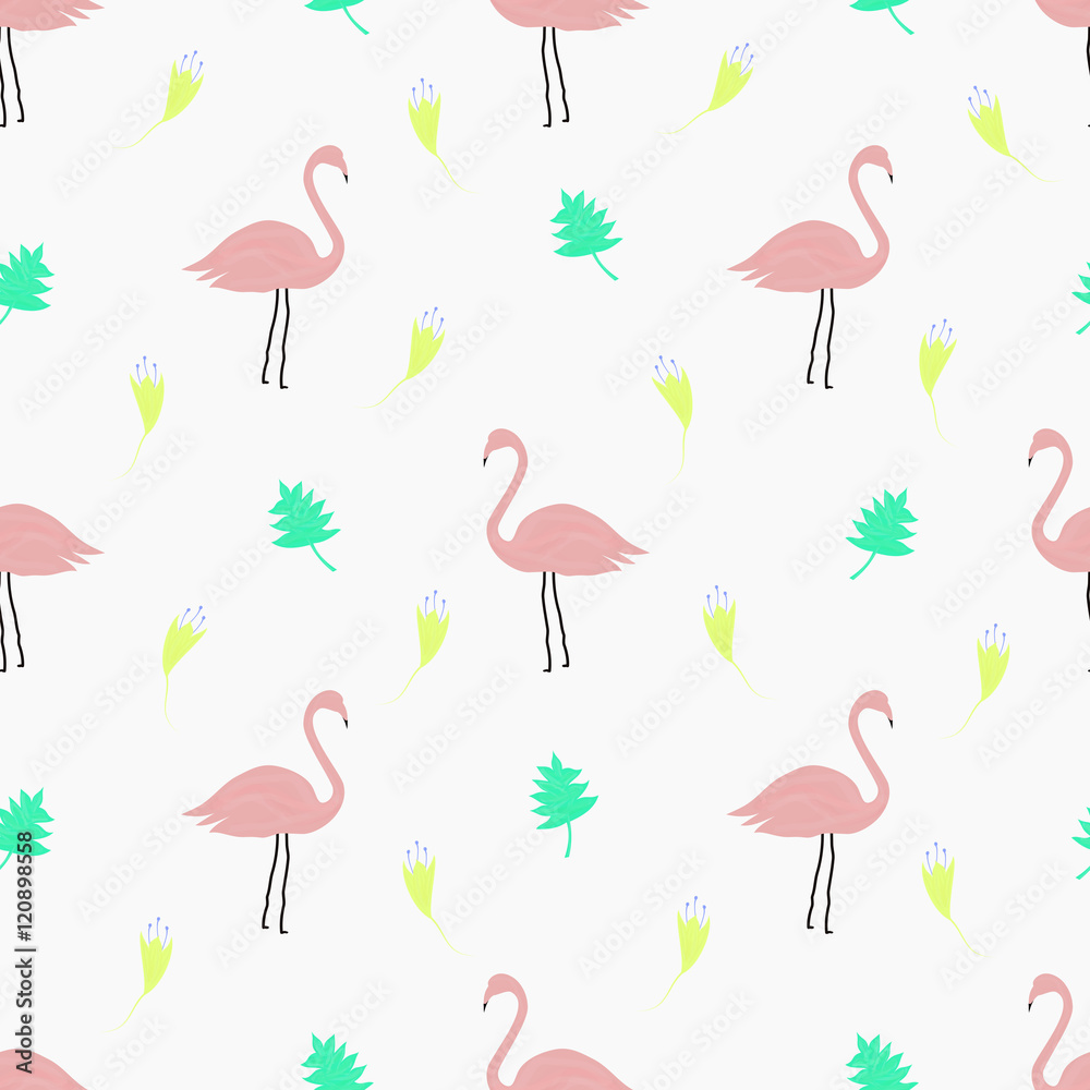 Naklejka premium Seamless pattern with flamingo birds, flowers and leaves. 