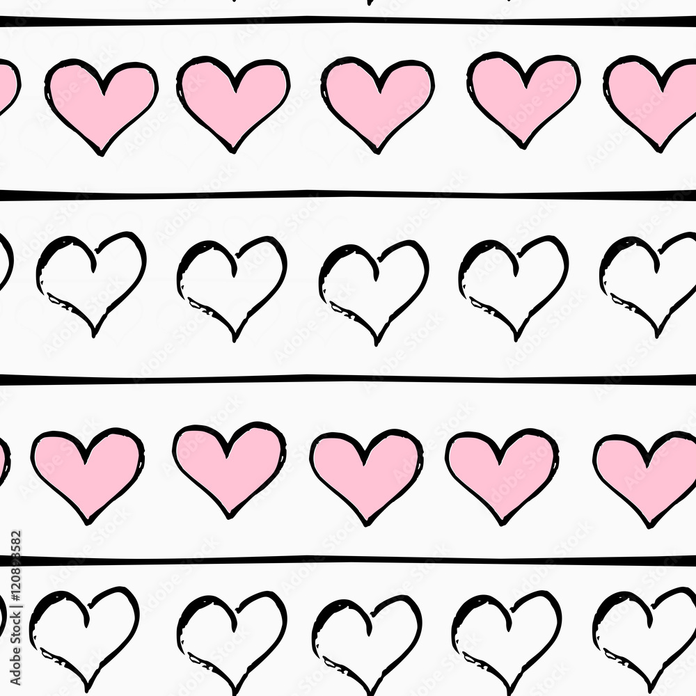 Seamless pattern with hearts in pastel pink and white.

