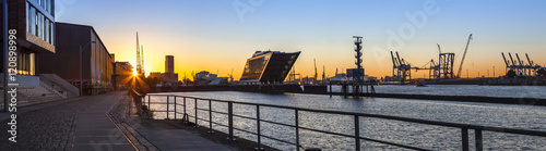Port of Hamburg, Panoramaview in the early Morning Sun, Office Buildings at the Riverside of the Elbe photo