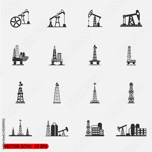 Oil rig, pump and oil drilling platform icons sets photo