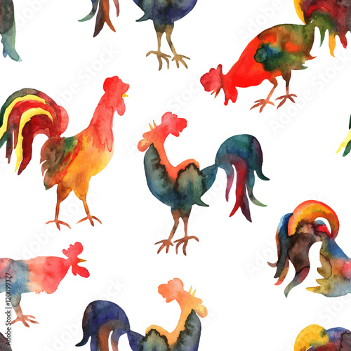 Vector seamless pattern with fire cock on white background. Chin