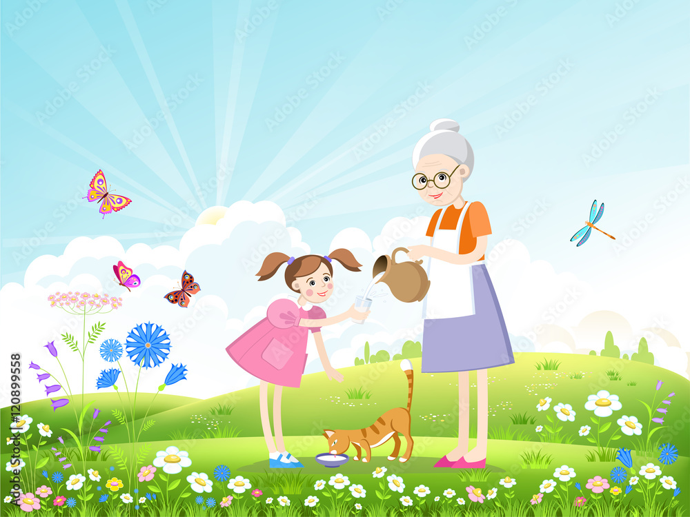 Girl, grandmother and cat drinking milk on a beautiful summer landscape with butterflies and dragonflies. Vector illustration. Girl, grandmother and cat drinking milk on a beautiful summer landscape with butterflies and dragonflies. Vector illustration.