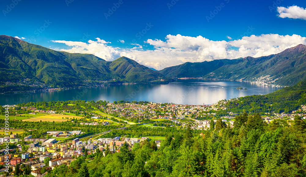 Obraz premium View to Locarno city and Lago Maggiore from Cardada mountain, Swiss Alps, Ticino, Switzerland