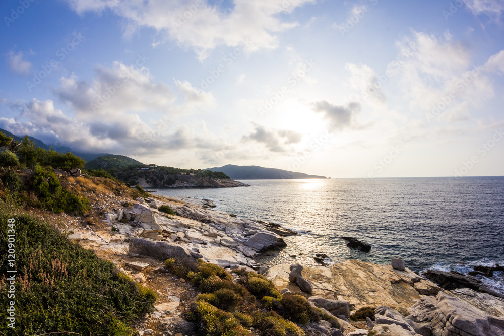 Aegean seashore and marble rocks in Aliki, Thassos island, Greece Aegean seashore and marble rocks in Aliki, Thassos island, Greece